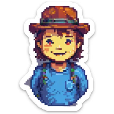 smiling man wearing a hat, retro and blocky pixel art style sticker