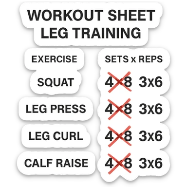 scheda di allenamento gambe con volume di allenamento ridotto (fai alcuni esercizi con 4x8 scritti in precedenza sbarrati in rosso e la correzione accanto tipo 3x6), scrivila al meglio che puoi sticker
