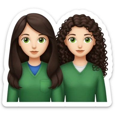 Two besties, 1: long ironed straight darkbrown hair, green eyes, 2: long curly darkbrown hair, brown eyes sticker