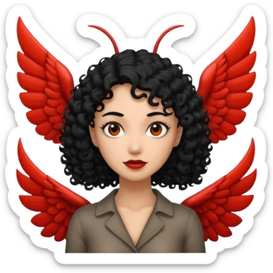 A woman with a curly black hair meeting mothman sticker