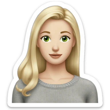 medium blonde girl with page cut, green eyes, long face, pale skin, silver earrings wearing a grey sweater sticker
