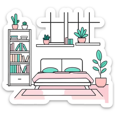 clean girl aesthetic bedroom with white furniture, pastel pink accents, neatly arranged books, potted plants sticker