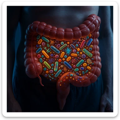 Hyperrealistic 4K close-up of the intestine in a human body, in a similar position to the reference image. No parasites present, but showing altered microbiota (dysbiosis) with diverse bacteria and microorganisms of various shapes and colors inside the intestine. Clinical atmosphere, highly detailed and realistic. sticker