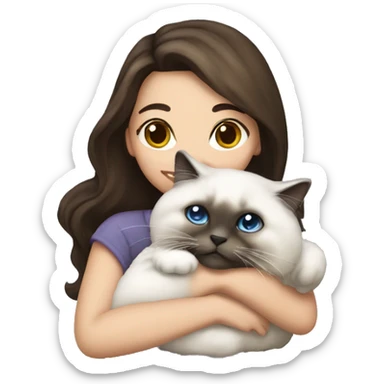 Brunette girl snuggling seal point ragdoll cat sticker