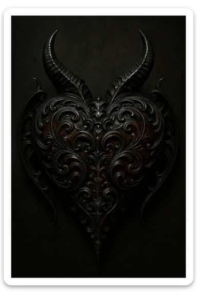 Create a gothic devil heart with even more intricate, baroque details, using a black and deep red palette. The lighting should be dramatic, and the design ornate and mysterious. sticker