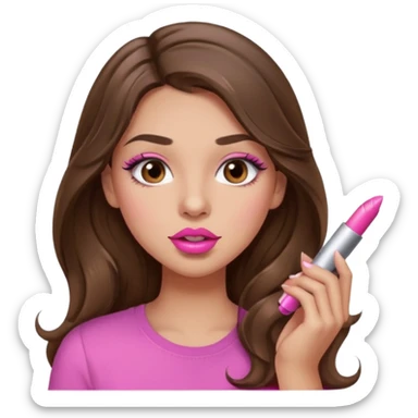 girl with long wavy brown hair, brown eyes, light to medium complexion, in a pink shirt, pink lips, long lashes, puckered lips, putting on lipstick sticker