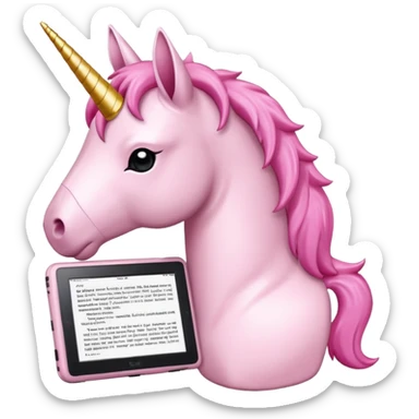 Unicorno bianco con corno rosa brillantato con sulla testa un paio di cuffie e un Amazon Kindle in mano sticker