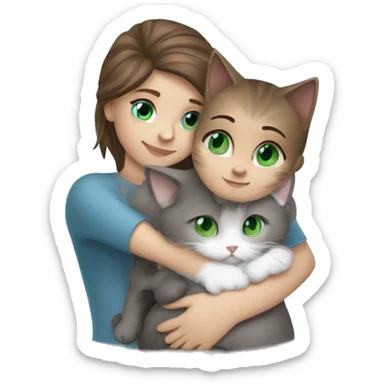 blue eyes grey kitten and brown hair green eyes girl hugs sticker