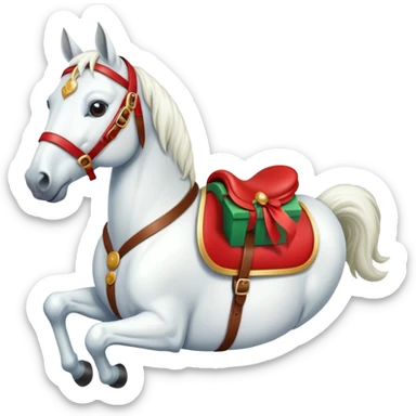 christmas white horse with a red saddle with gift box on saddle sticker