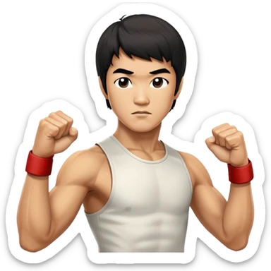 Bruce Lee in his iconic fighting stance with raised fists and martial arts pose sticker