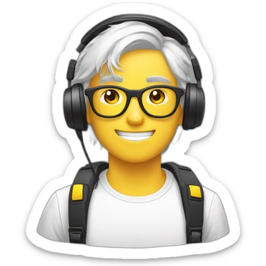 2d sticker emoji of a 18 year old guy wearing headset, white hair, yellow gamer glasses, facing the camera sticker