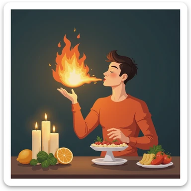 modern style 4K symbolic illustration of a man blowing out candles with a flame (metabolism) reducing, a scale and healthy foods appearing beside him sticker