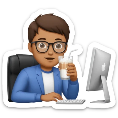 Hombre tomando blanco un refresco frente a un ordenador sticker