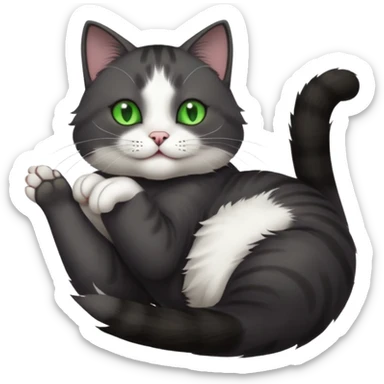 beautiful female solid dark grey cat with green eyes, white toes/paws and white patch on her chest playfully rolling upside down sticker