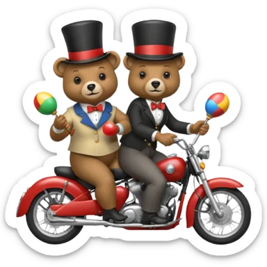 A bear wearing a top hat and holding maracas while on the back of an old lady who is driving a motorcycle sticker