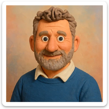 Create a fourth more colorful claymation-style portrait emoji based on this person, vibrant pastel tones, friendly expression, visible clay texture, head and shoulders only. sticker