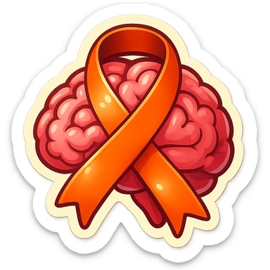 ribbon wrapping a brain, symbol of care for the psyche, retro sticker style, clear contours, shadows and highlights, psychosomatics theme sticker