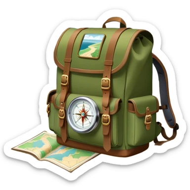 Icon for Expeditions: a compass, a map, a backpack with trekking gear, and a rugged expedition jeep, set against a backdrop of snowy mountains, sand dunes, and tropical islands. The icon should capture the spirit of adventure and exploration in diverse landscapes. Transparent background. sticker