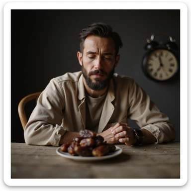 hyperrealistic 4K image of a man preparing to break his fast, in front of him a small plate with dates, clock showing 23 hours, expression of gratitude and concentration, Zen environment sticker