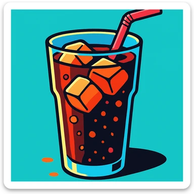 clean, vibrant color cartoon illustration of a glass of cola with ice and a straw, in a modern, TikTok-inspired style, minimal background, bold highlights sticker