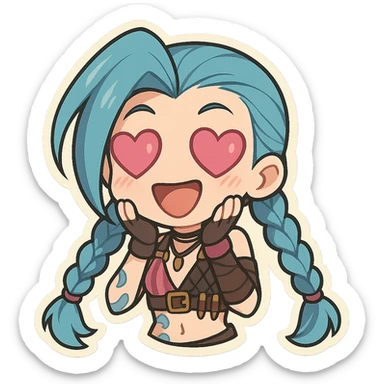 Jinx from League of Legends with heart-shaped eyes, chibi style sticker