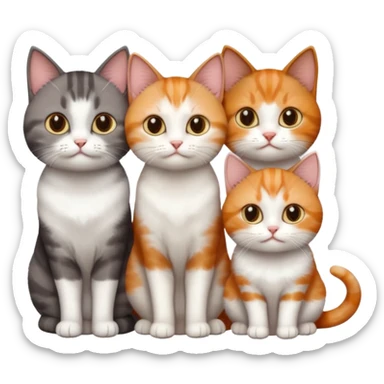 3 different coloured tiny short haired cats, including a dark grey and white cat, and a dark brown tabby and white and a ginger and white sticker