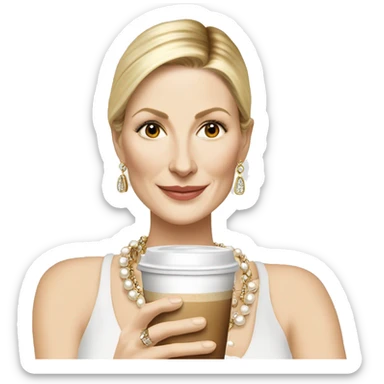 Kelly Rutherford with jewellery wearing white drinking cappucino sticker