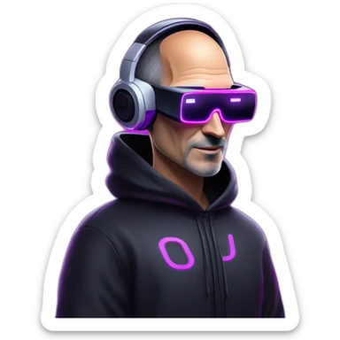 Steve Jobs wearing a black hoodie with "OMG" letters on it and VR headset in a cyberpunk VR environment with violet neon lighting. sticker