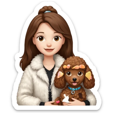 A white smiling girl with a long brown straight(middle part) hair and wearing a fur white jacket holds a brown poodle sticker