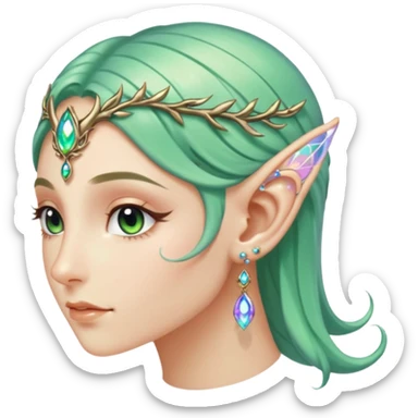 portrait of Elvish fae shiny sparkly iridescent translucent diaphanous ear climber ear cuff sticker