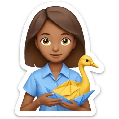 happy-african-young-girl-with-brown-hair-in-a-white-vintage-kanga-shirt-holds-an-origami-yellow-and-blue-crane sticker