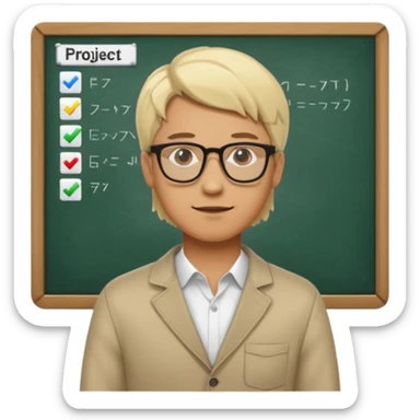 silhouette of a light-haired man standing next to a project board sticker