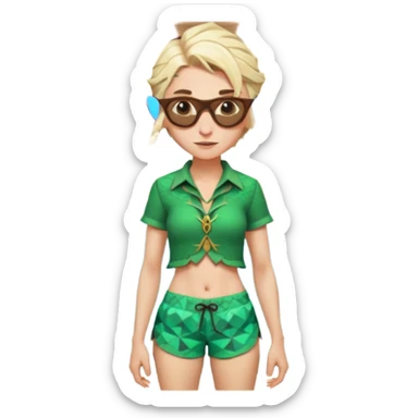 elf female legolas portrait, patterned board shorts (geometric/abstract), unique wooden-framed sunglasses, undercut hairstyle, slight smirk, visible pointy ears, no background, centered emoji, hipster summer vibe coctails sticker