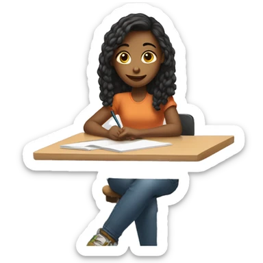 A girl is sitting at a table and drawing on a tablet. sticker