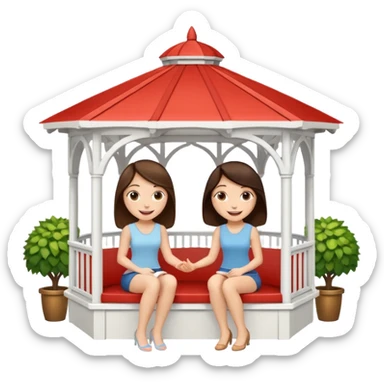 Two brunette women sitting inside a large white gazebo sticker