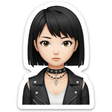 A asian girl with Black eyes and black straight hair with a bob with a black spiked chocker with white tank top with a black leather jacket on in anime style sticker