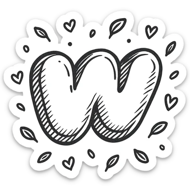 puffy outlined Wattpad logo 'w' with strong shadows and highlights, scattering of tiny leaves and hearts around the logo sticker