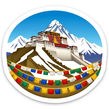 Tibet emoji featuring the Potala Palace, a snow-capped mountain, and prayer flags, capturing Tibetan culture and spirituality in a simple, harmonious emoji style sticker