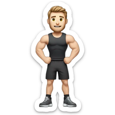 Close up Actively gesturing  with hands Pale skinned Fit Man With the biceps and brown hair in dark gray Sleeveless Mike, black oversize sports shorts, watch and white Sneakers sticker