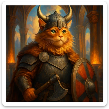 heroic Viking ginger cat in Valhalla, detailed, epic, vibrant colors, fantasy style sticker