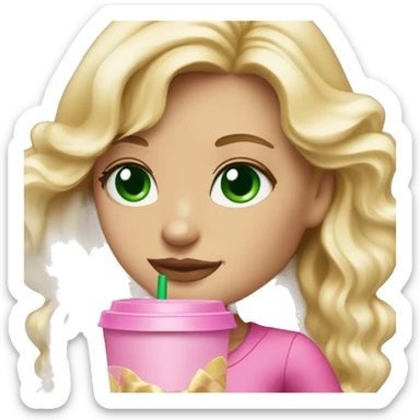 blonde with green eyes drinking pink starbucks wearing a pink bow in long wavy blonde hair sticker