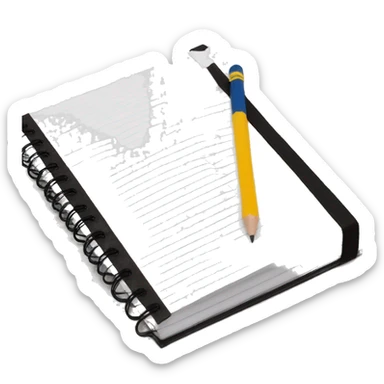 a black & white composition notebook with a pencil next to it sticker