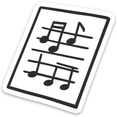 Silhouette of sheet music icon, hand drawn, black outlines, no fill, simple and clean, angled view sticker