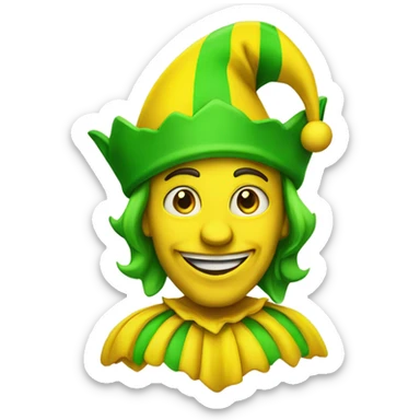 A yellow jester who is wearing green sticker