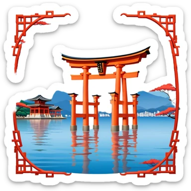 ​Cinematic Realistic Itsukushima Shrine, depicted as the iconic floating torii gate and shrine complex on the water, with vibrant vermilion hues contrasting against the serene blue sea and sky, rendered with intricate architectural details and soft, ethereal lighting that captures its spiritual beauty, sticker