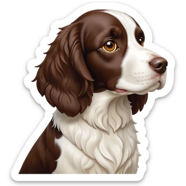 Cinematic Noble Springer Spaniel Portrait Emoji, Poised and regal, with a medium build and a glossy, well-groomed Fur of rich liver and white, deep-set soulful brown eyes, Simplified yet sharp and sophisticated features, highly detailed, glowing with a soft, dignified glow, high shine, intelligent and alert, stylized with an air of grace, focused and attentive, soft glowing outline, capturing the essence of a watchful and confident companion, so majestic it feels as though it could bound out of the screen with effortless authority! sticker