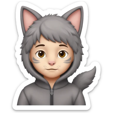 Boy kid in gray cat suit with tail and ears sticker