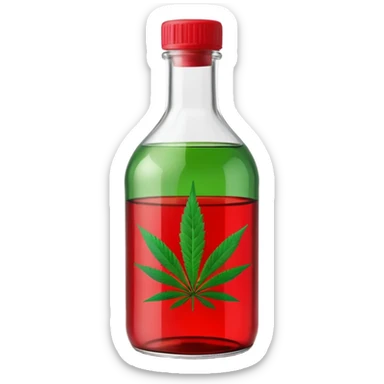Curved glass bottle in red with a green cannabis leaf printed on it and clearly labeled "red pop" on the bottle sticker