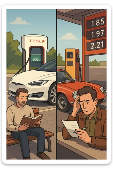 "Tesla Model S at charging station with owner reading book peacefully, battery indicator showing sufficient charge for 300km journey, versus vintage Italian sports car at gas station with owner anxiously calculating fuel costs, pump prices visible showing expensive gasoline, stress lines on traditional car owner's face, modern vs classic automotive philosophy clash" sticker