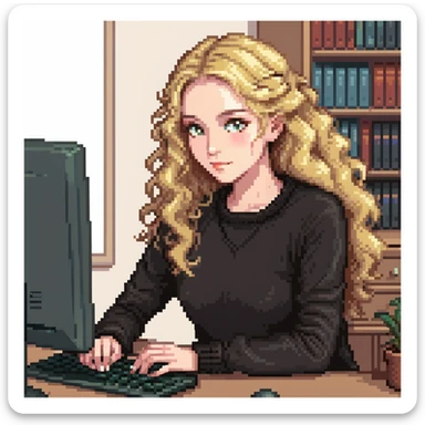 pretty brown-eyed blonde young woman with wavy hair, wearing a black sweater, working on a computer in a cozy office sticker